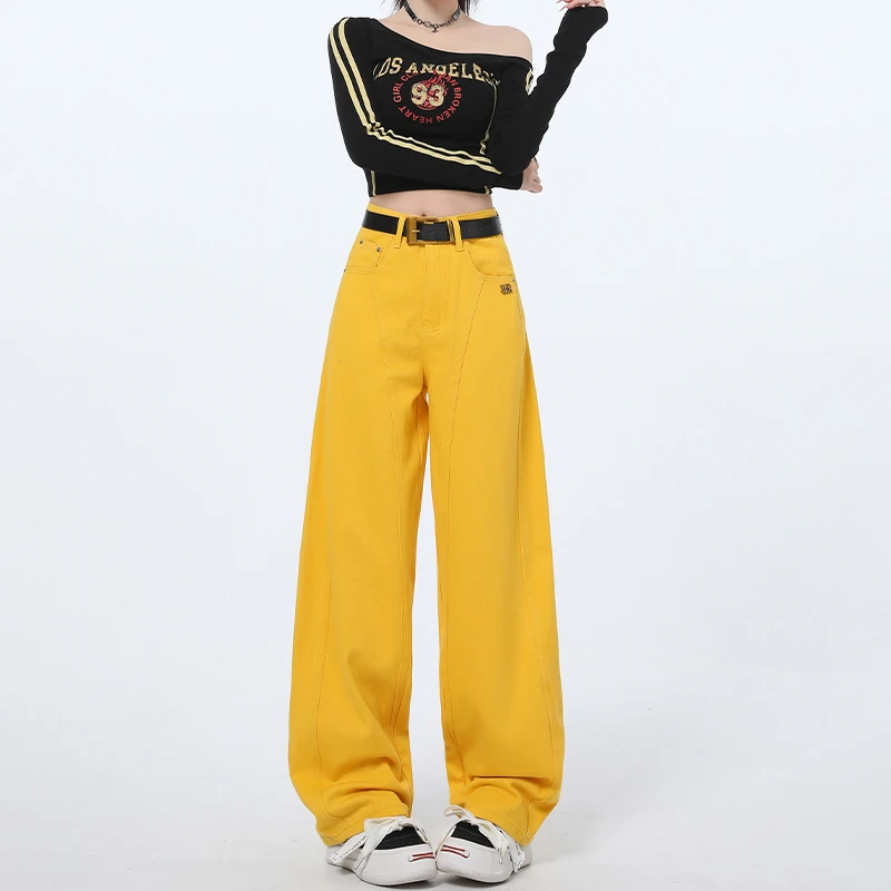 美式街头弯刀阔腿牛仔裤女夏季高腰宽松垂感设计感黄色直筒长裤子