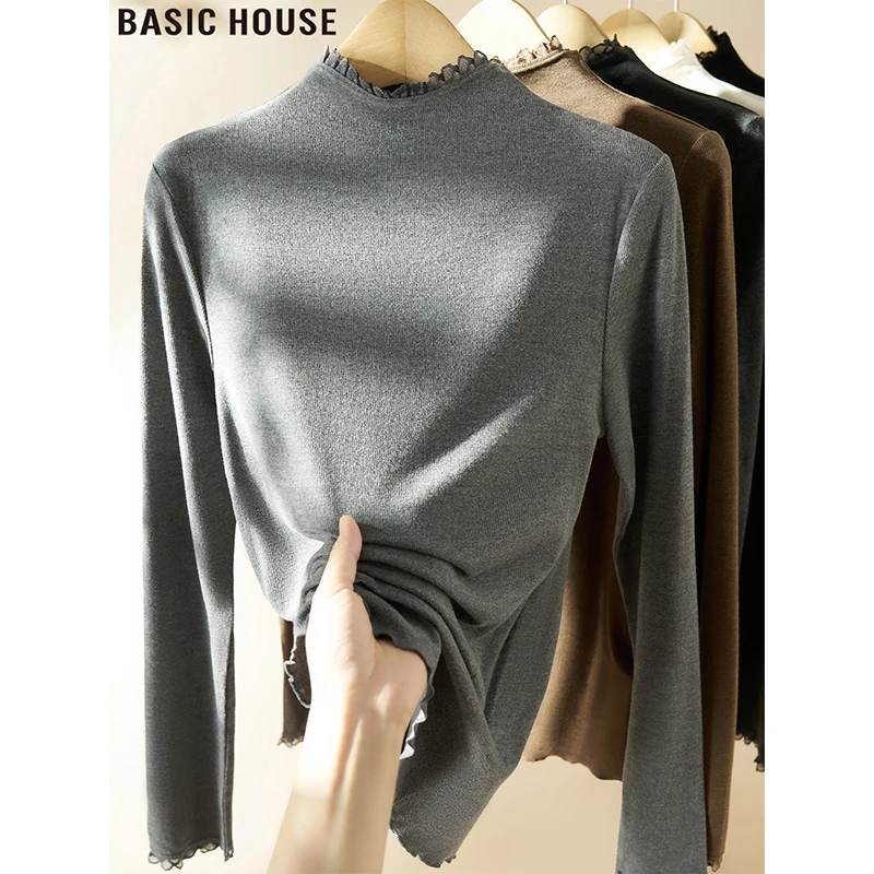 Basic House/百家好灰色半高领长袖T恤修身内搭打底衫女2025秋冬