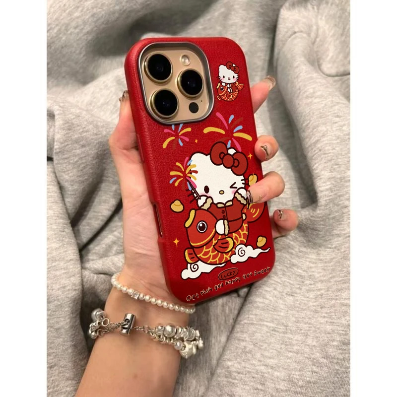 奥菲顿红色鲤鱼凯蒂适用iPhone16荔枝纹14金属框苹果15手机壳13套