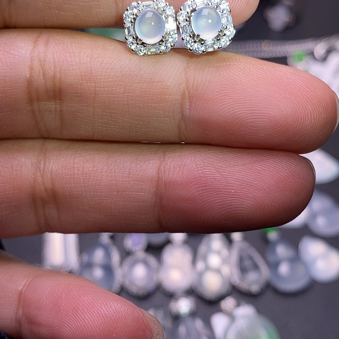 翡翠银S925镶嵌耳饰蛋面耳钉