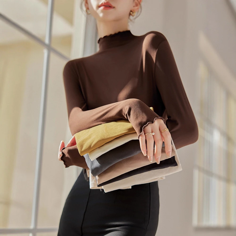 木耳边高领打底T恤女秋冬季爆款半高领长袖高级感打底衫保暖上衣