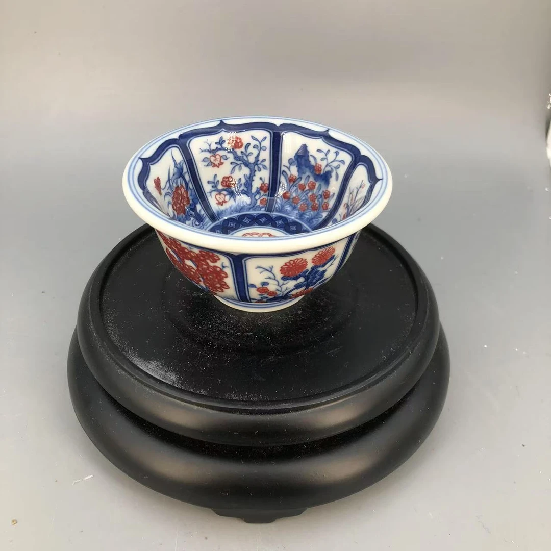 【景德】毛仔柴窑 青花釉里红十二花神压手杯 陶瓷 mzcy0243