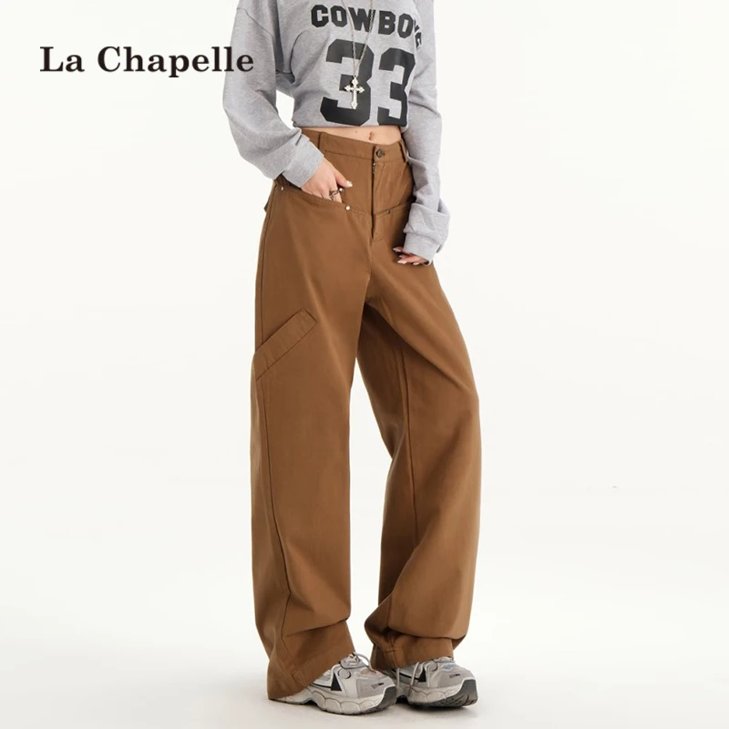 拉夏贝尔咖色高街宽松阔腿牛仔裤女春秋新款设计感高腰窄版直筒裤
