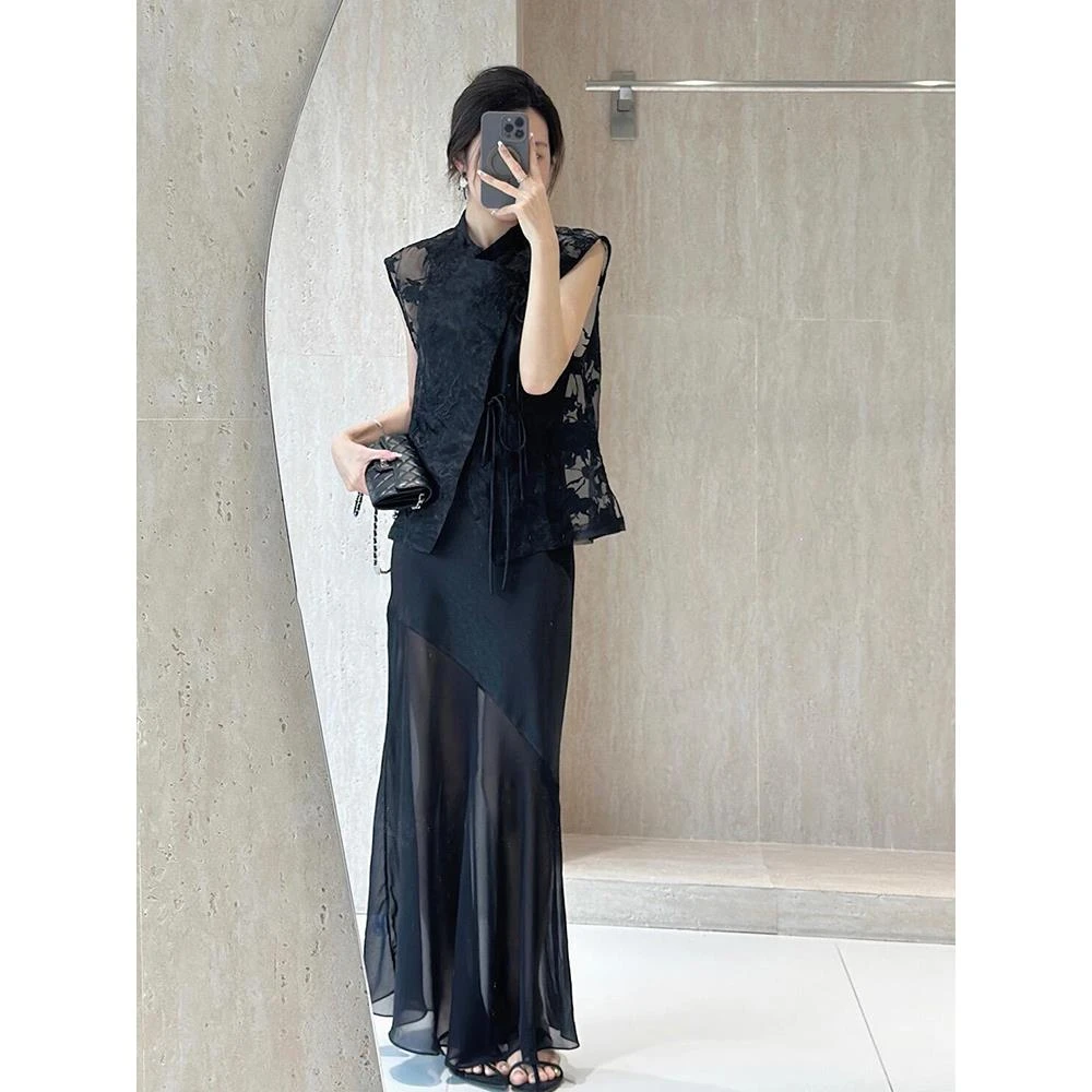 新中式国风穿搭高端精致轻奢高级感重要场合黑色吊带连衣裙套装夏