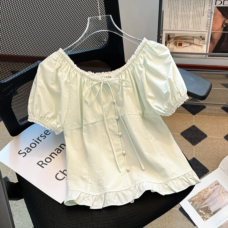 甜美减龄泡泡袖蕾丝花边衬衫女2025夏季小个子短款显瘦温柔风小衫