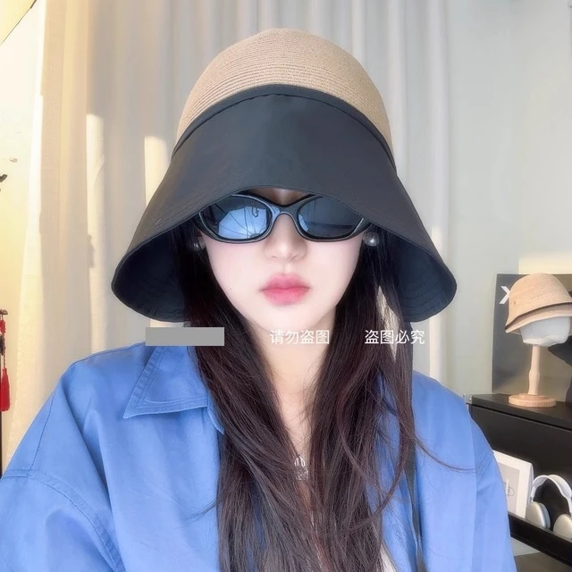 2025新款时尚渔夫帽子女户外出游遮阳防紫外线草帽大檐防晒水桶帽