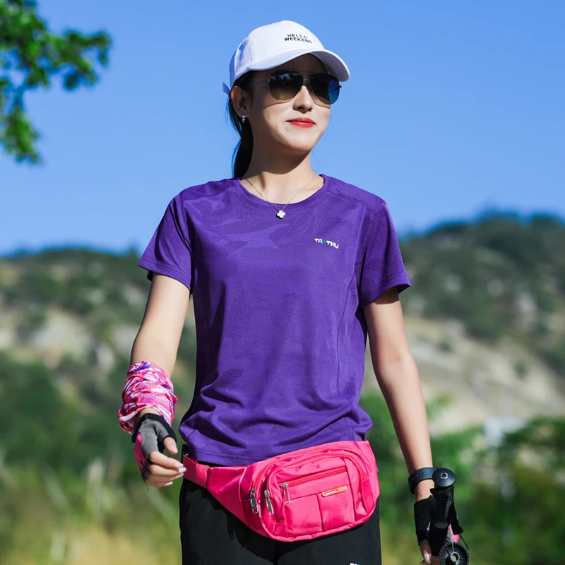 夏季户外速干t恤春夏女运动跑步宽松提花女T恤透气弹力速干衣休闲