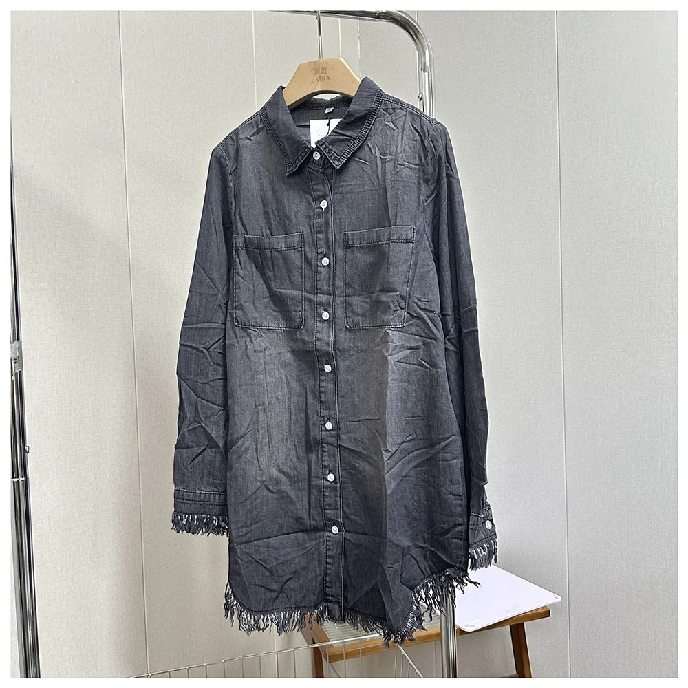 1C014 春季新款女士宽松中长款流苏翻领长袖衬衫女