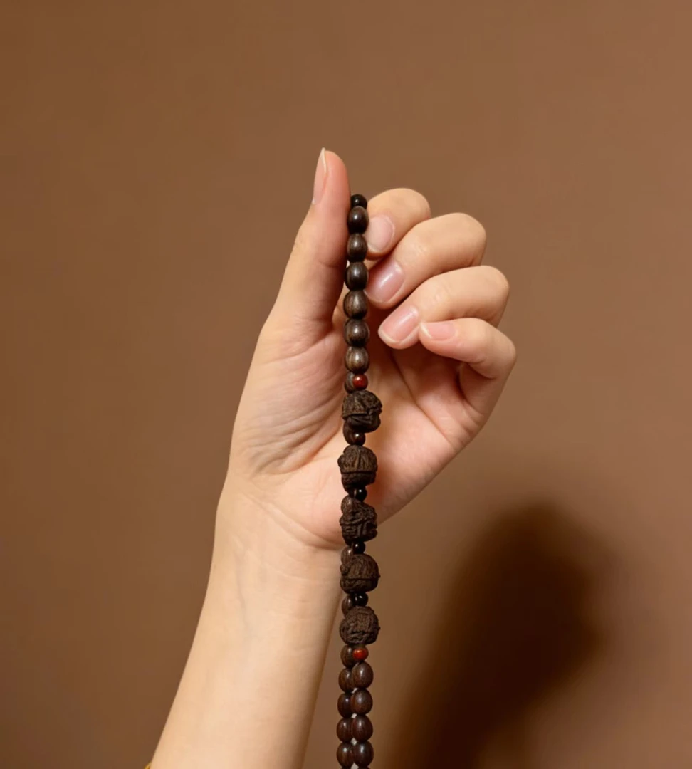 增香沉香木雅雅家-雕刻五个财神5*7米粒珠双圈款（纹理随型发其一）