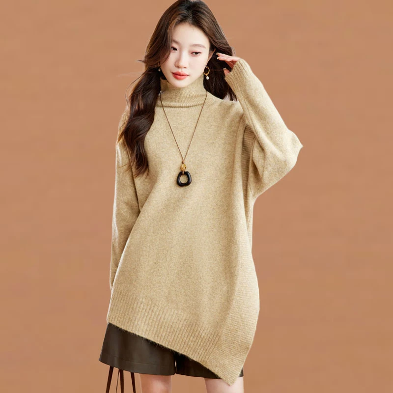 开叉不规则中长款毛衣女慵懒宽松外穿秋冬2025新款高领针织打底衫