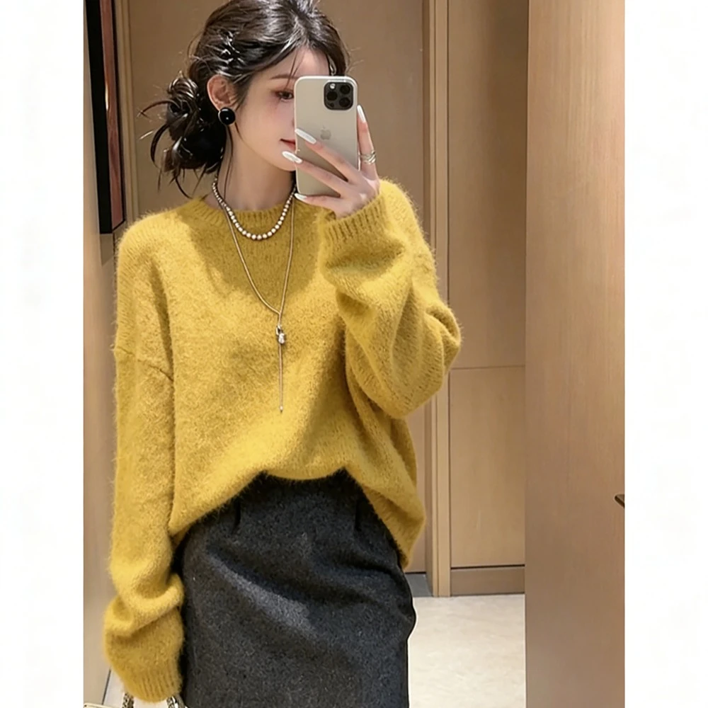Y504冬季多巴胺黄色针织毛衣套装女秋冬慵懒风减龄高级感两件套
