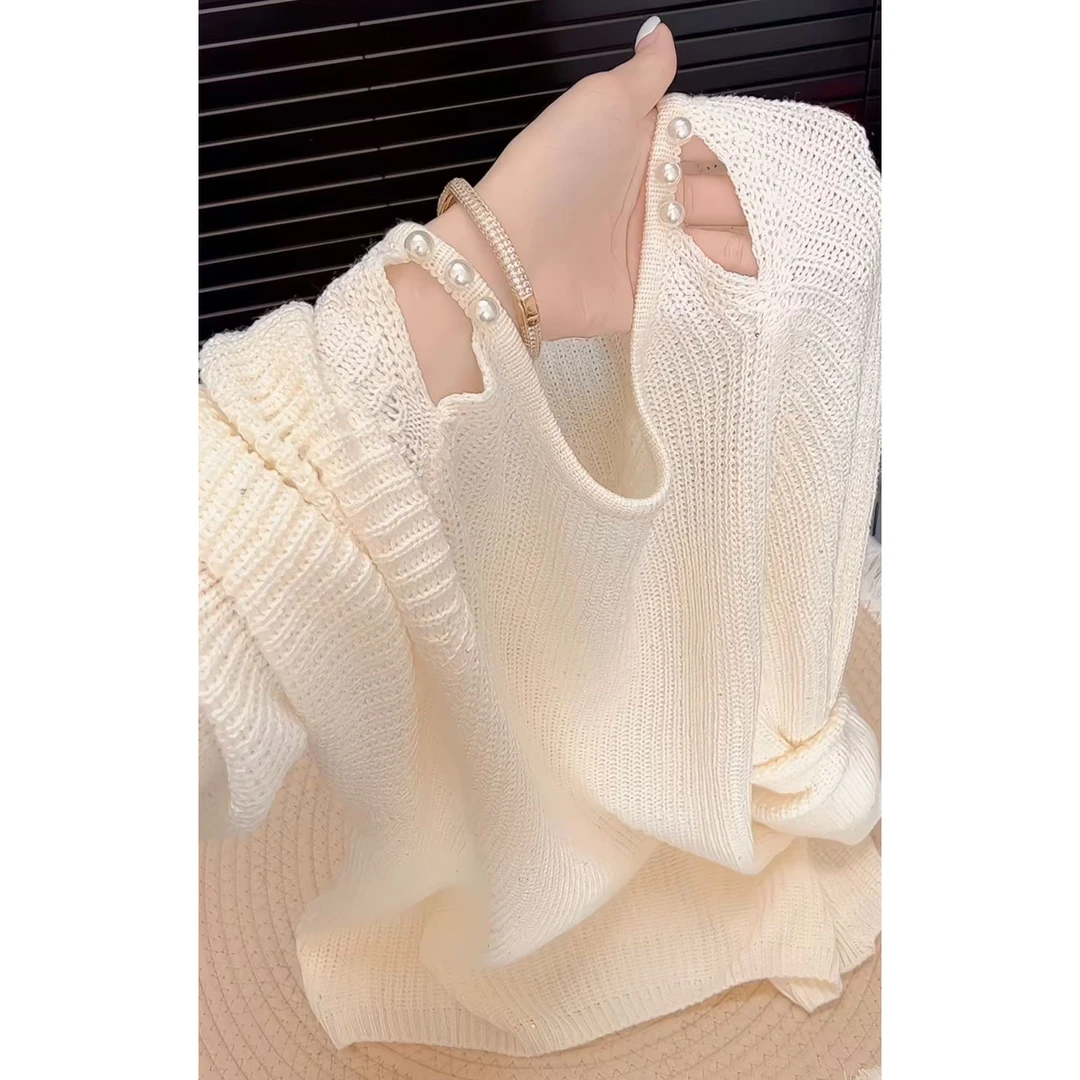 今年流行穿搭2025早秋新款温柔风珍珠亮片镂空毛针织衫长袖上衣