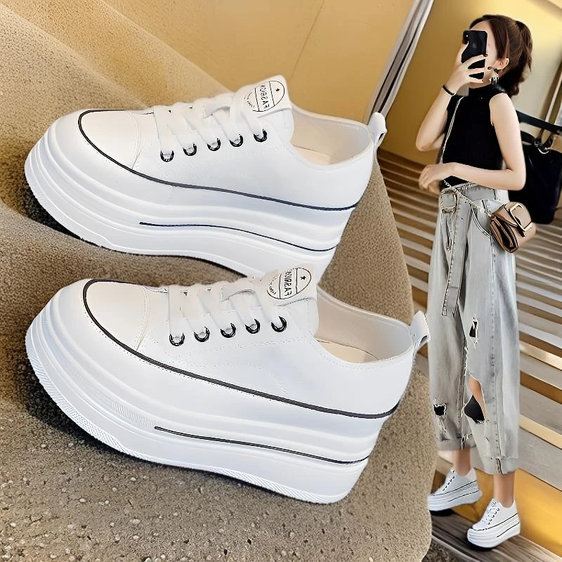 内增高8cm高跟真皮小白鞋女小个子百搭厚底松糕板鞋2025秋季爆款