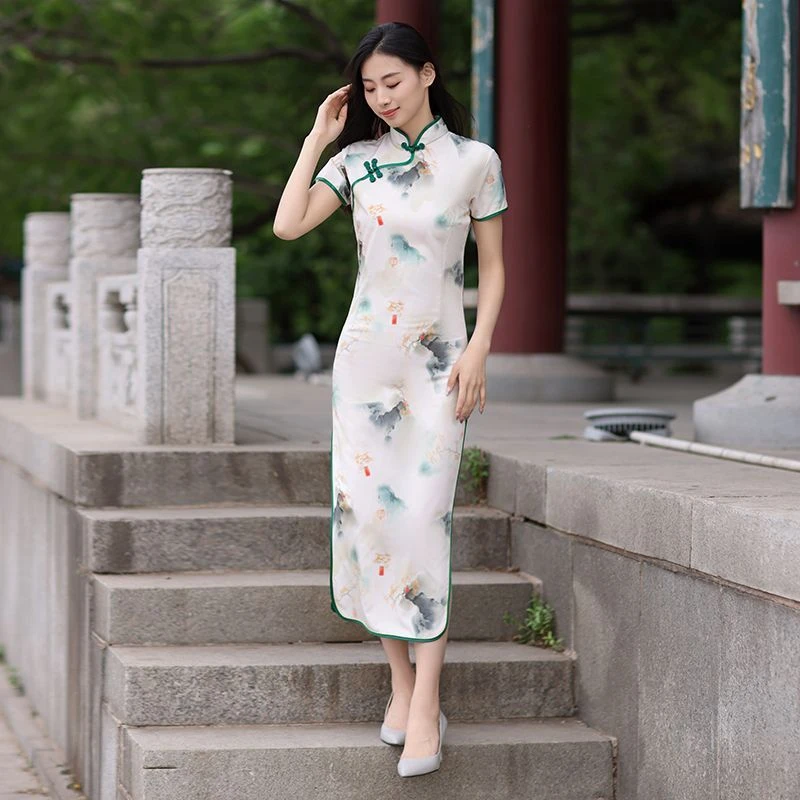 画报夫人【断码清仓】旗袍女2025新夏季复古中国风女装山水花朵长款