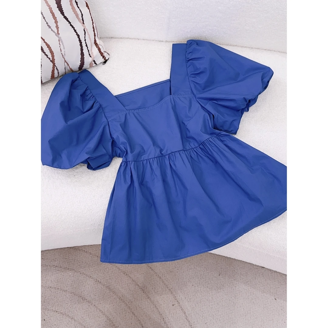 丨夏季新款时尚法式蓝色方领泡泡袖短款娃娃衫 0715