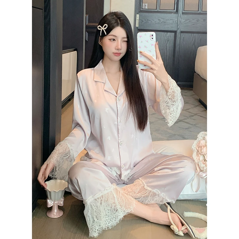 新款蝴蝶法式睡衣女甜妹风冰雪丝春秋款蕾丝花边可外穿粉色家居服