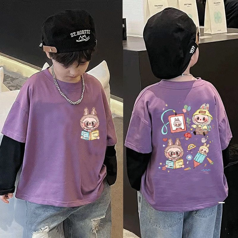 纯棉圆领撞色t恤长袖男女童2025新款洋气时尚百搭假两件打底上衣t