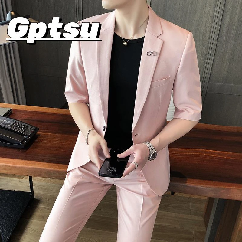 GPTSu潮流韩版七分袖修身浅蓝色西装男夏季短袖薄款中袖西服套装