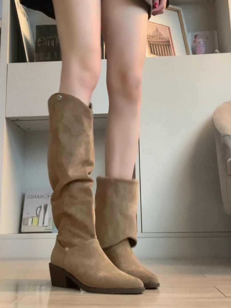 软皮版~气质尖头法式时尚百搭遮肉显腿长一靴两穿粗跟女款时装靴