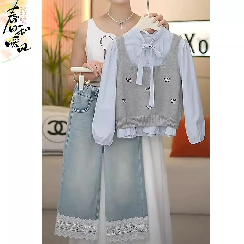 女童衬衫马甲蕾丝花边牛仔裤套装2025春秋款学院风针织蝴蝶结背心