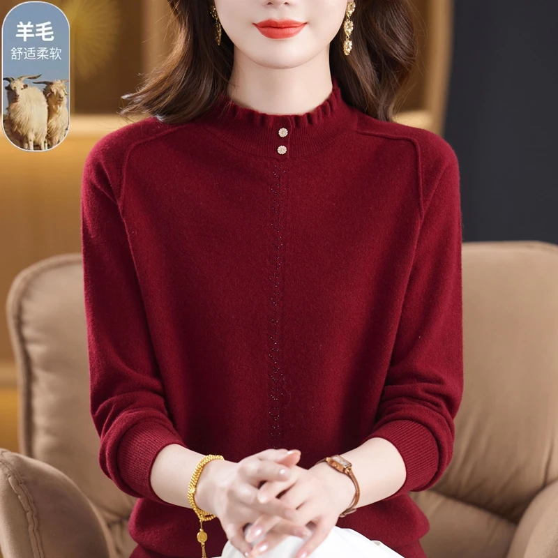 2025秋冬新款中年女士高档时尚针织半高领妈妈装纯色外搭羊毛衫