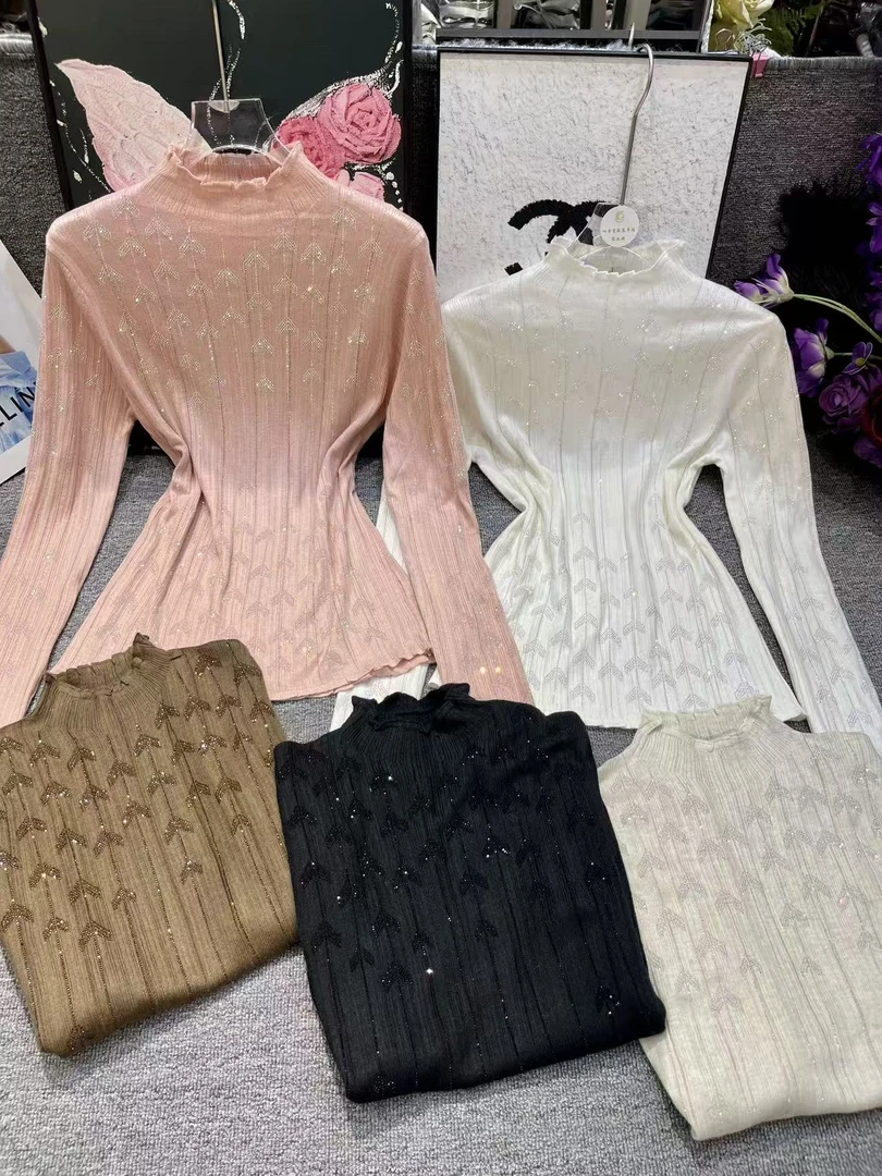 淑雅阁服饰  长袖针织立领拼接毛针织衫休闲风时尚上衣修身5211
