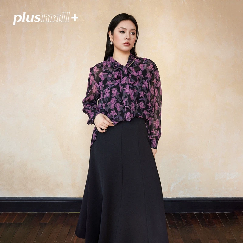 PLUSMALL 小野玫瑰 雪纺设计感飘带长袖碎花小衫含吊带PAC2412029