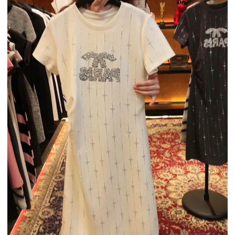 小香风轻奢短袖连衣裙女夏季新款气质宽松重工烫钻高级感裙子0576