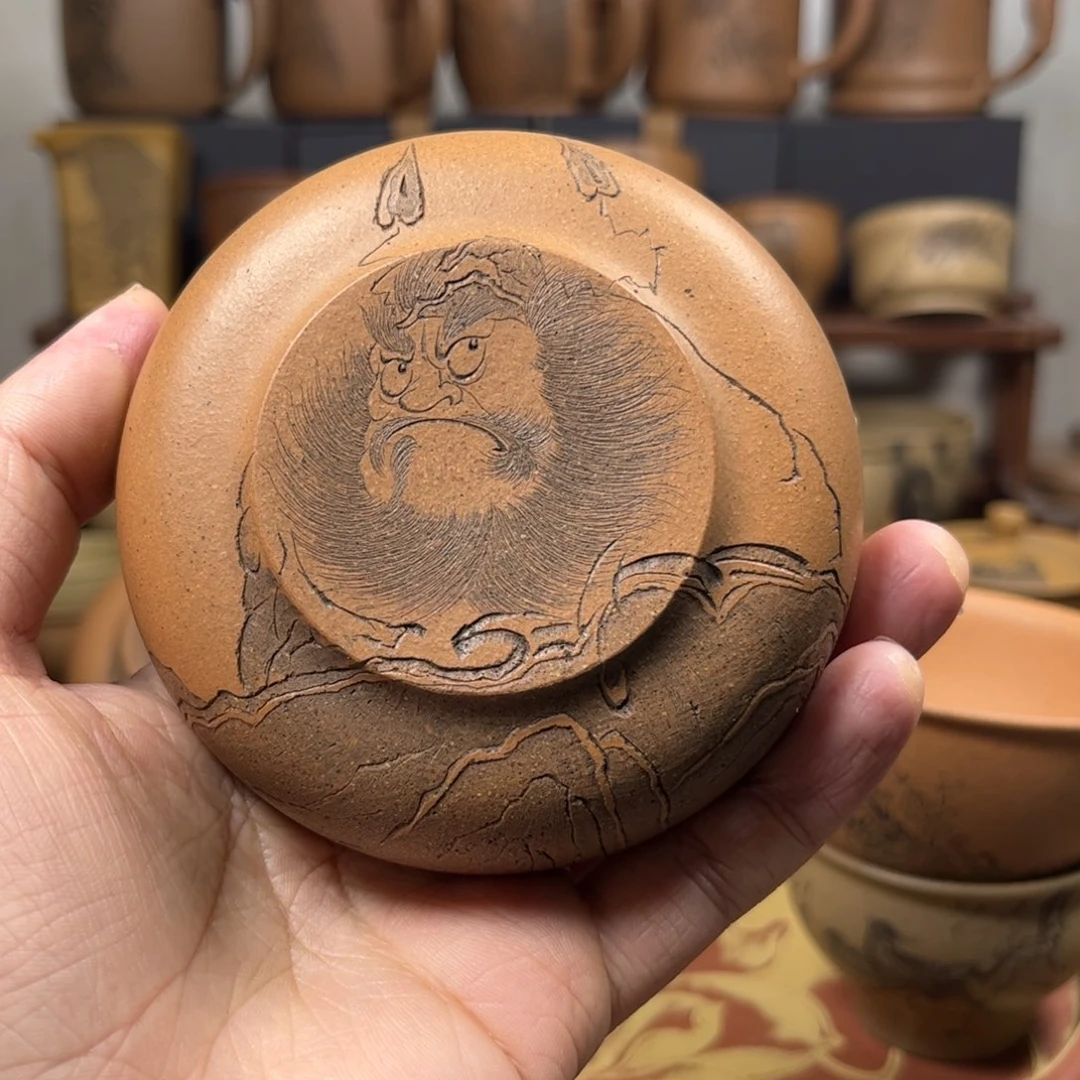 紫砂杯子阿***格微瑕疵钟馗刻绘紫砂主人杯