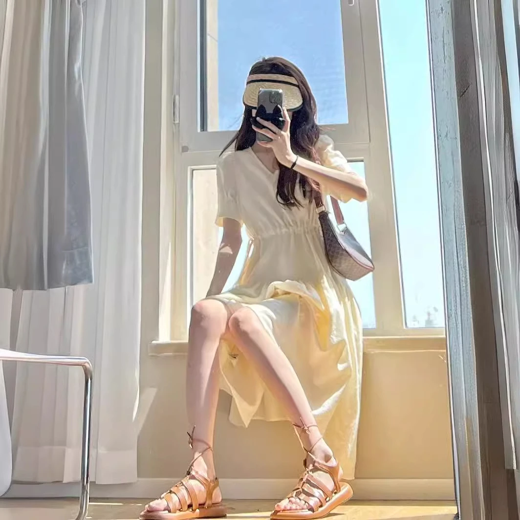 150小矮个子法式温柔连衣裙女145收腰a字中长款V领抽绳x