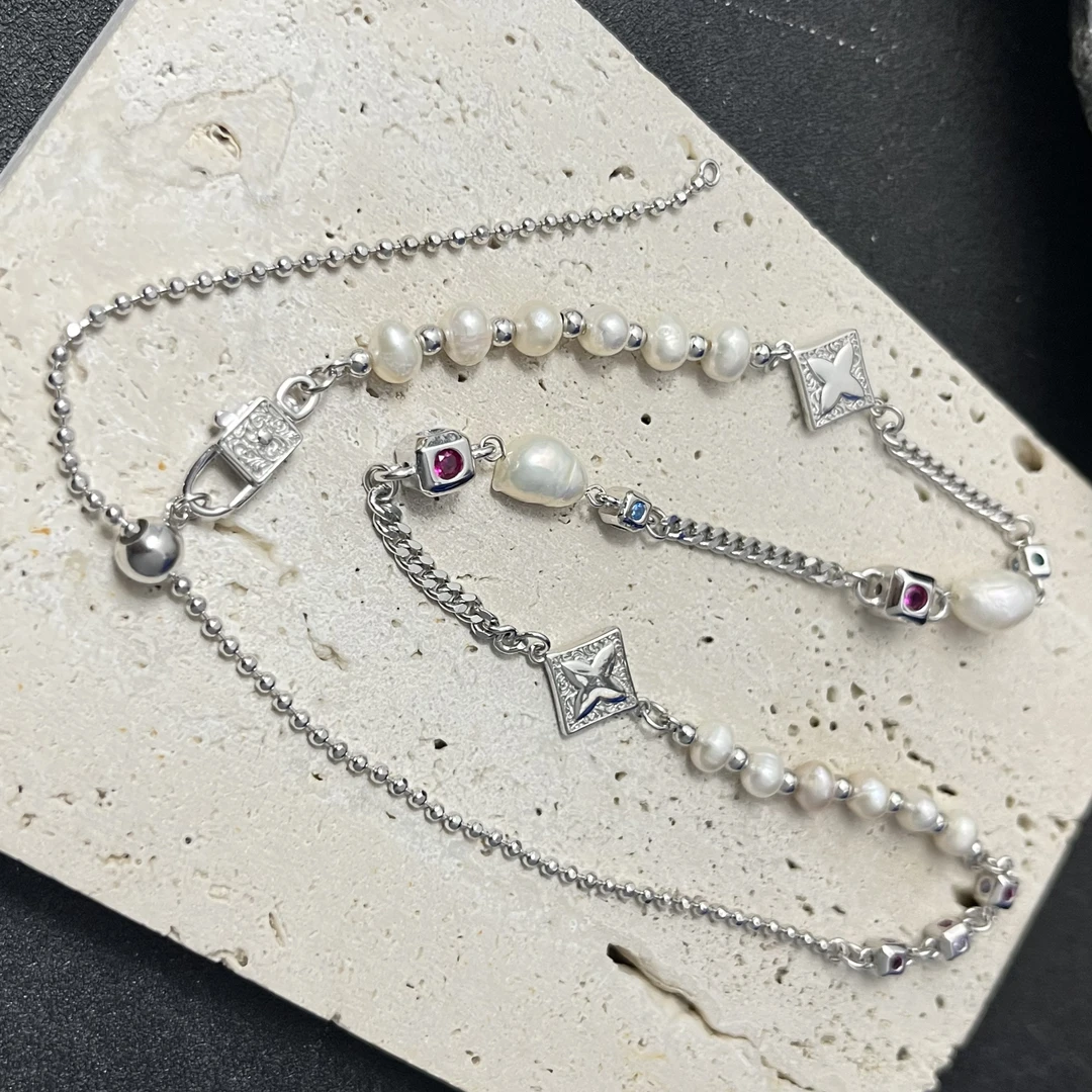 吊坠925银 彩方糖巴洛克方扣抽拉项链55厘米 G92201 时尚百搭简约