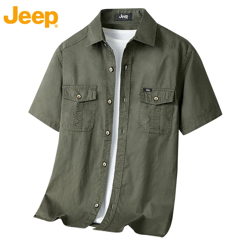 Jeep吉普纯棉工装衬衣短袖男款夏季水洗不褪色牛津纺宽松透气衬衫