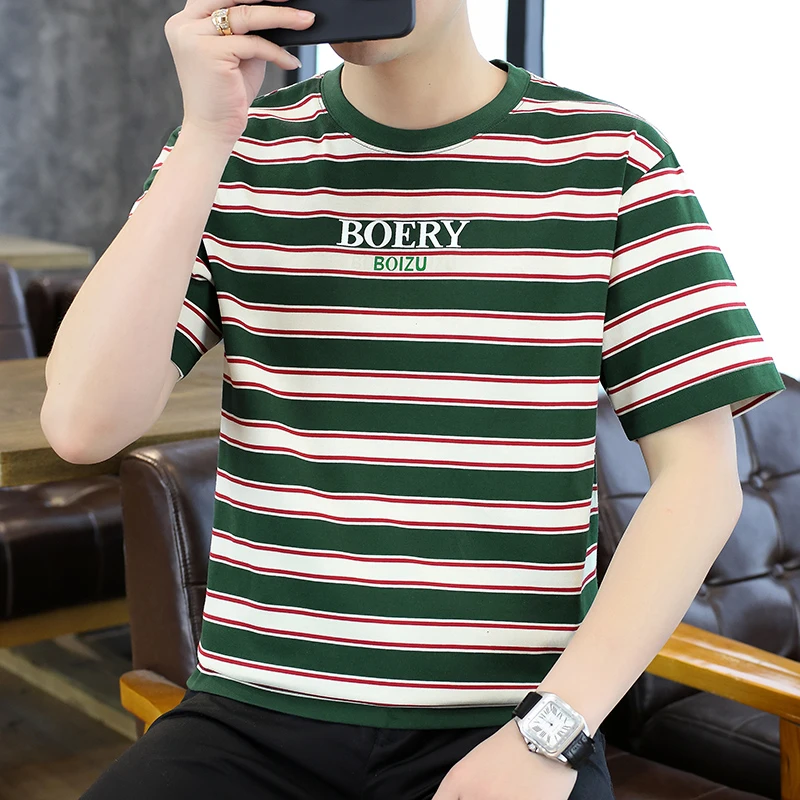 夏季高品质条纹款字母棉T恤短袖时尚休闲潮流韩版男士薄款圆领
