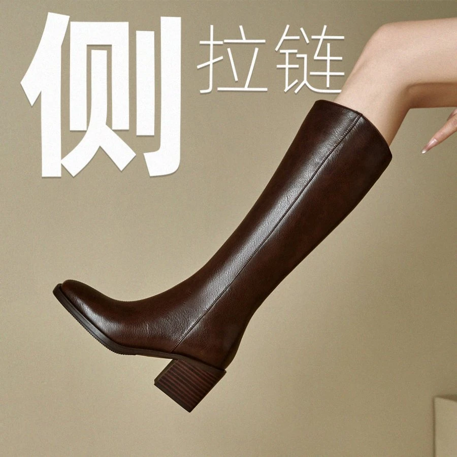Koee/7cm/新款长筒粗跟秋冬百搭高筒时装靴复古骑士真皮长靴女