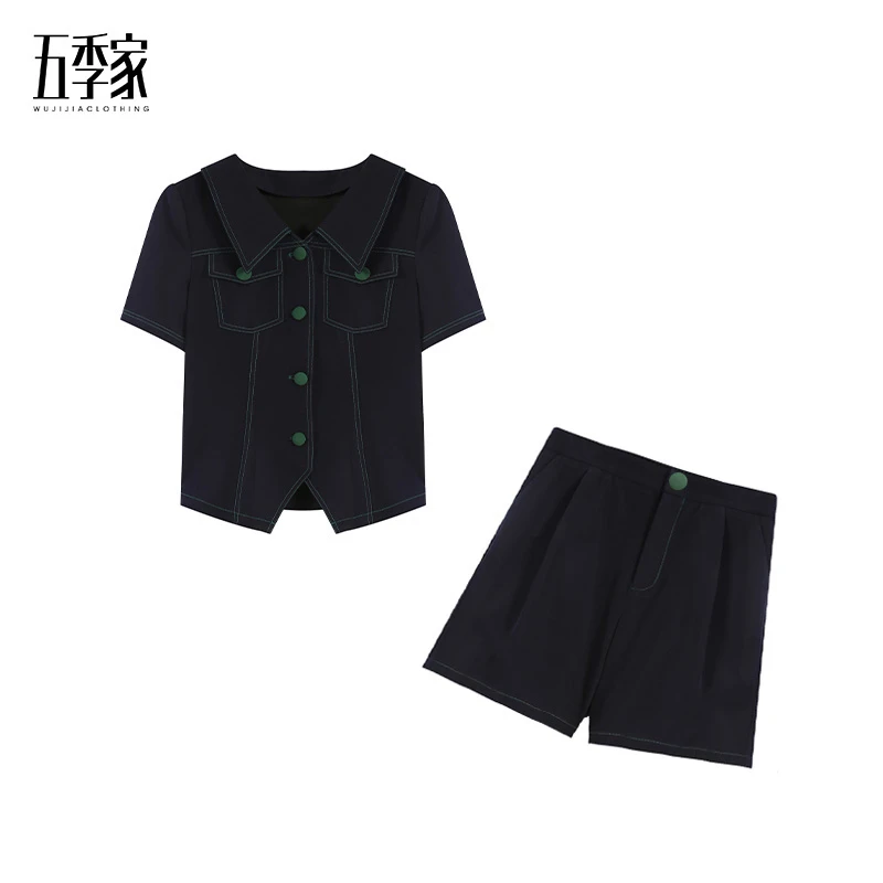 橘子-微胖女生穿搭夏气质时髦上衣藏青色短裤两件套五季家ZL94947