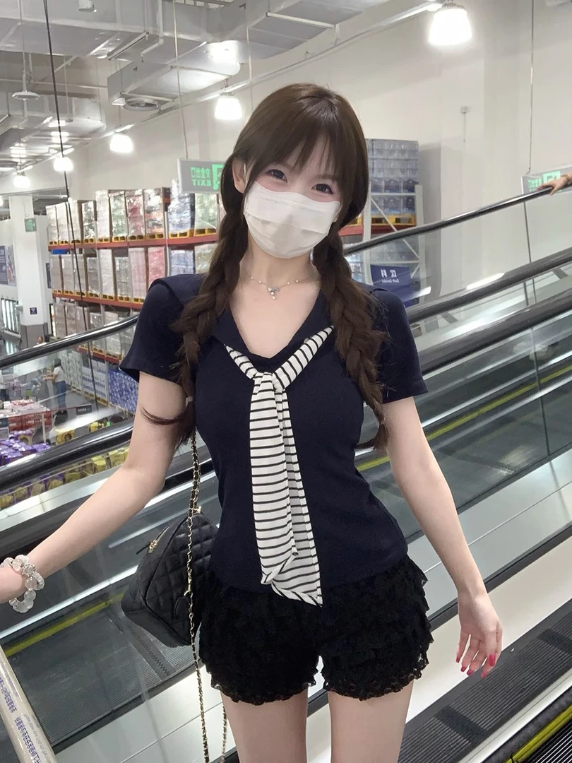 大码胖MM200斤夏韩版海军领套头条纹披肩正肩设计感短袖T恤上衣女