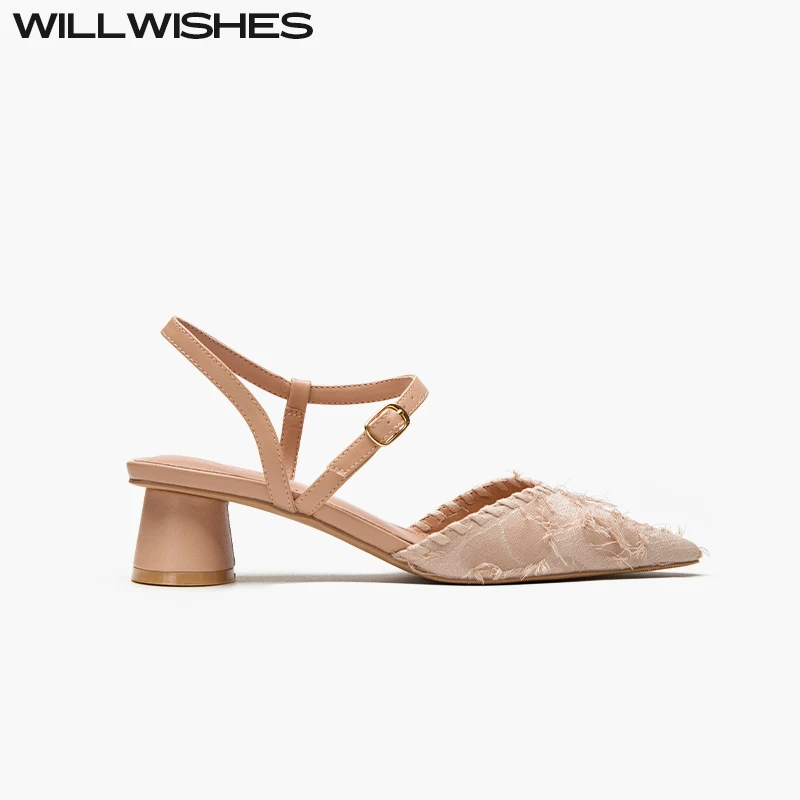 WILLWISHES/王玎设计女鞋2025年春季新款仙女风尖头浅口粗跟凉鞋