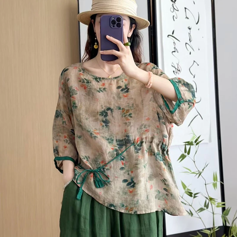 苎麻气质上衣2025夏季新款中式国风刺绣小衫百搭衬衫显瘦衣服