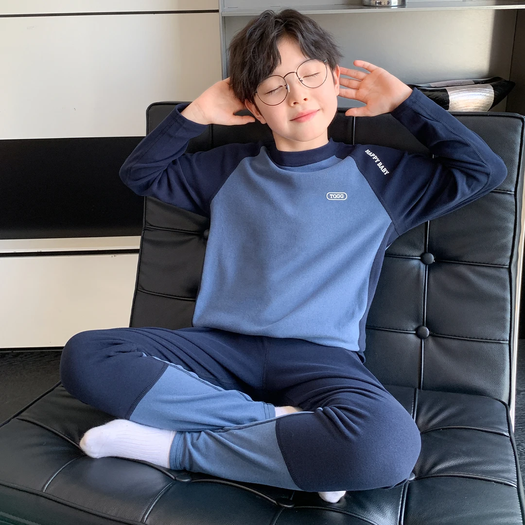 男童拼色自发热德绒保暖衣套装冬季儿童加厚秋衣秋裤套装中大童15