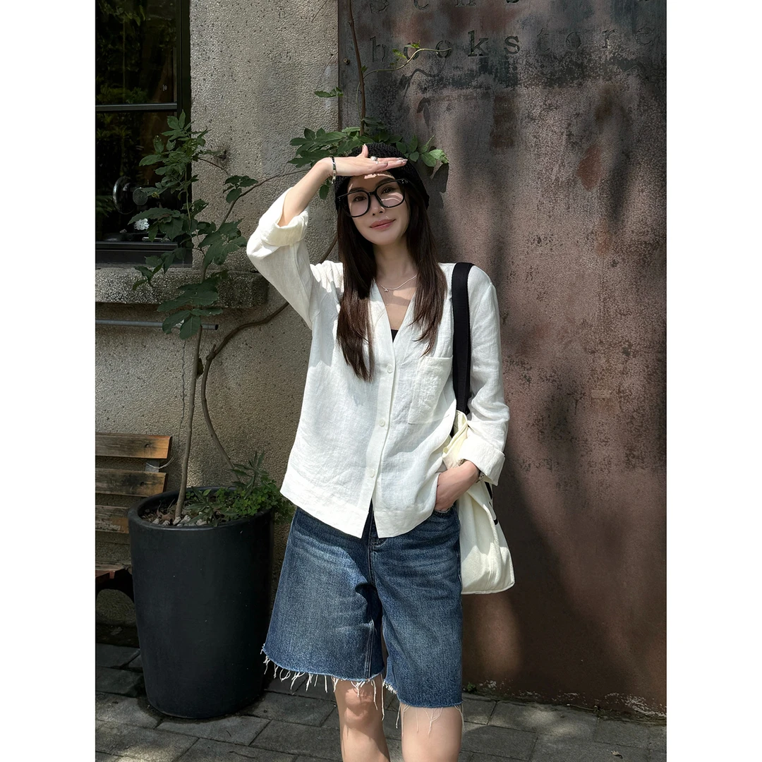 【于塞城堡】“99%亚麻防嗮衣”老钱风白色透气防晒百搭V领外套21465