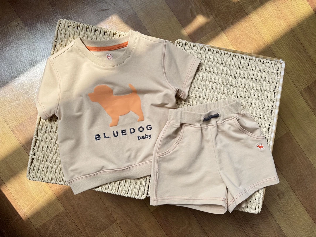 米/粉/蓝圆领纯棉短袖短裤套装