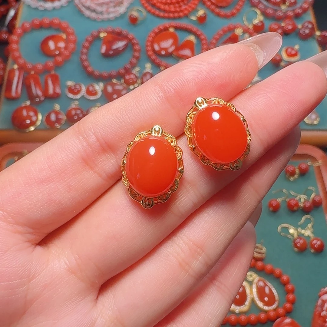 南红玛瑙银S925镶嵌耳饰