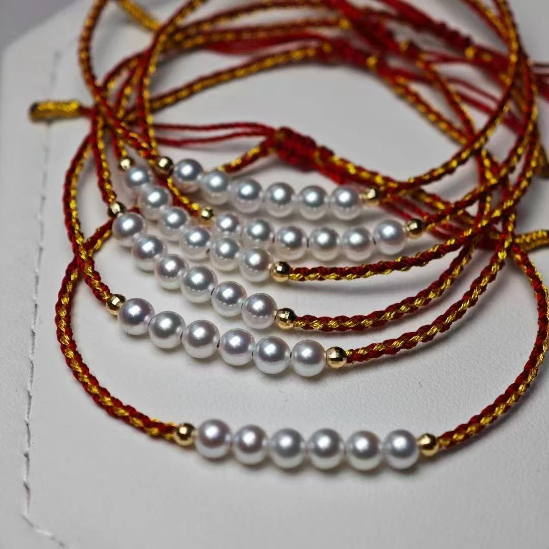 【六六顺】天然淡水珍珠红绳编织手链本命年4-5mm多样性发其一