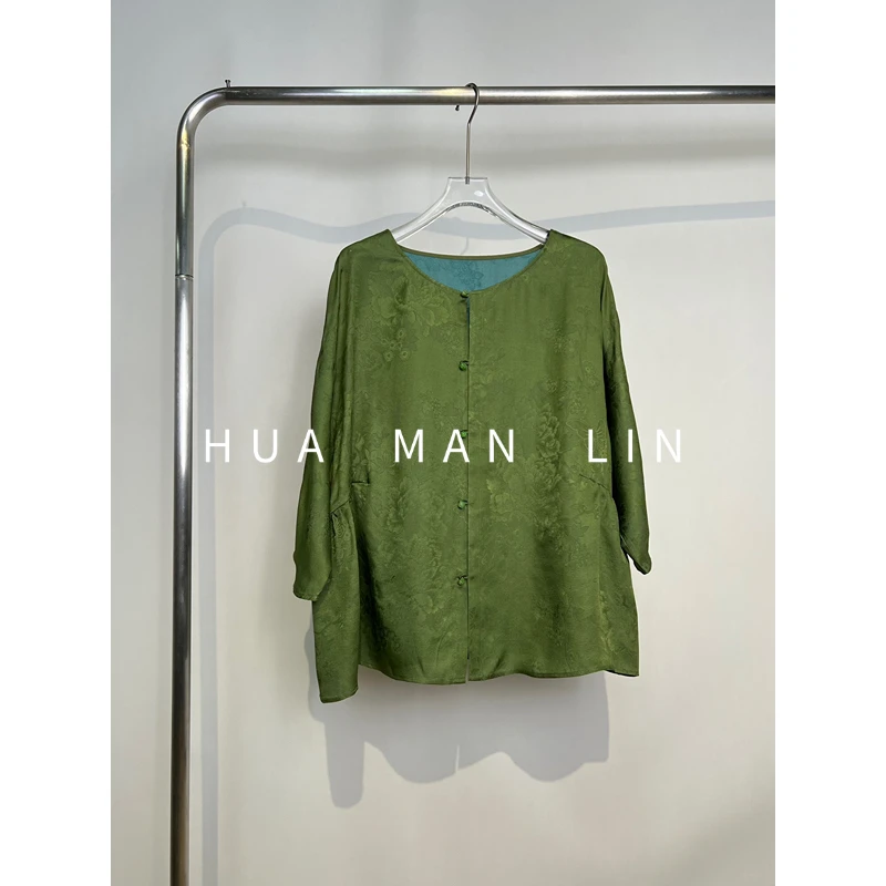 【花满林】圆领正门襟腰部捏褶真丝桑蚕丝七分袖上衣259410