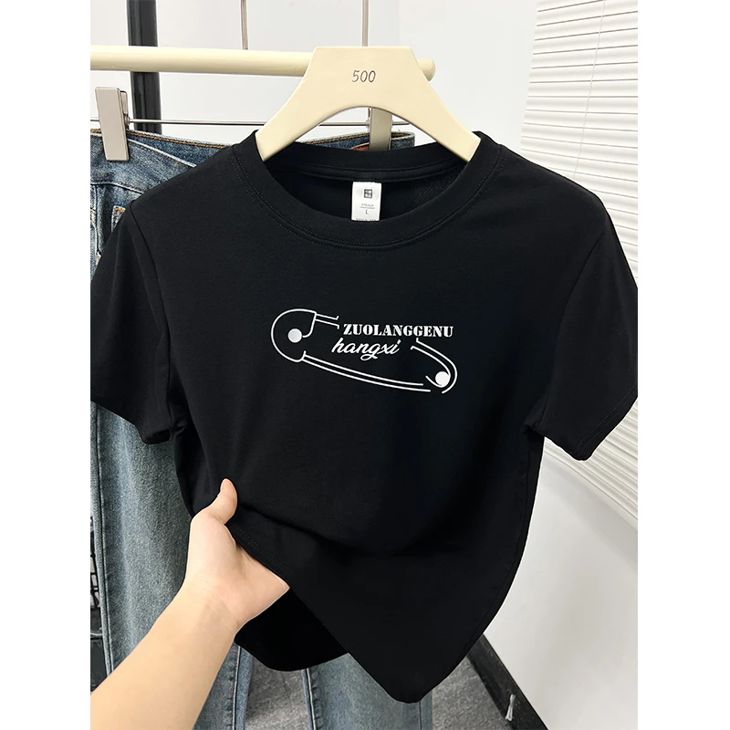 设计感正肩短袖t恤女夏韩版小个子休闲百搭圆领字母印花显瘦上衣