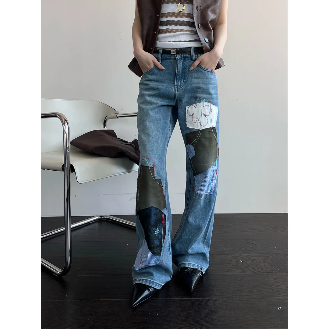 SHORT SENTENCE  设计师品牌  24春夏新款拼布刺绣牛仔长裤裤子