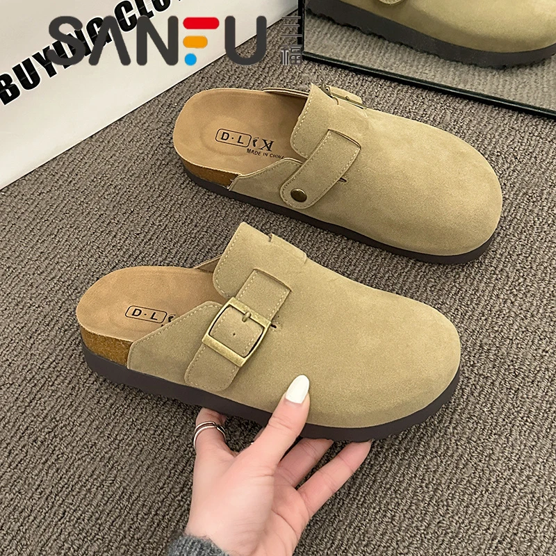 三福厚底勃肯鞋半拖拖鞋一脚蹬软底防滑复古女鞋包头拖鞋女外穿夏