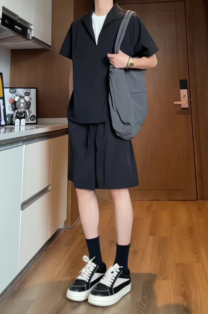 無界Edge【现货假两件】套装男女夏季薄款透气高级感衬衫短裤两件套