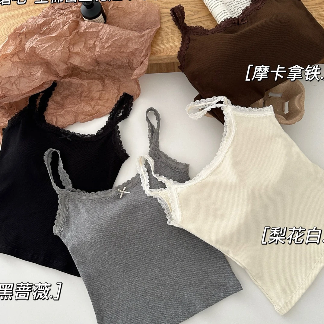 女士爆款磨毛吊带全棉蕾丝花边吊带背心固定杯