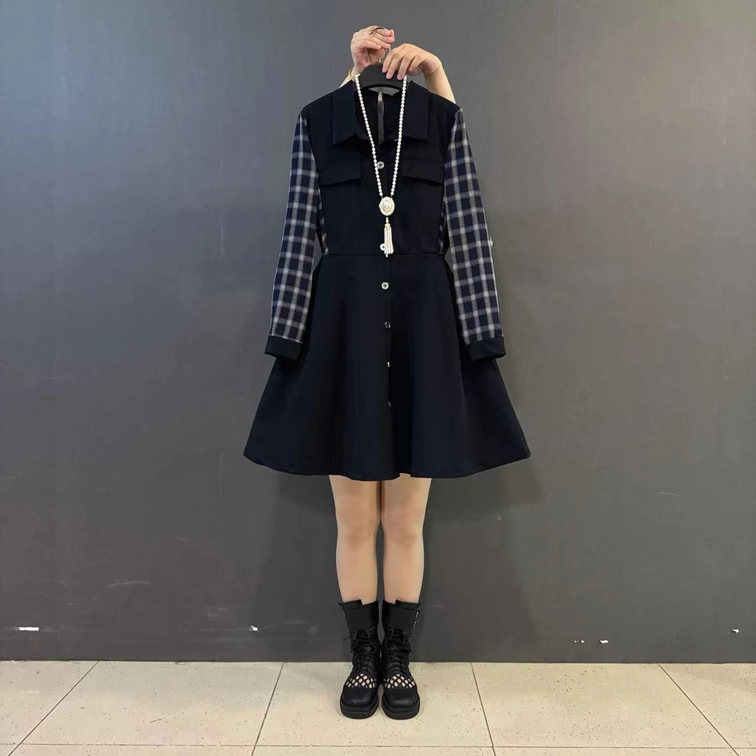 大码新款洋气格子拼接假两件文艺风显瘦连衣裙